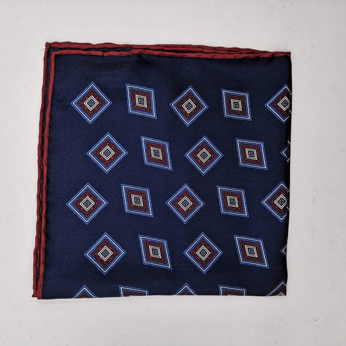 Cruciani & Bella 100% Silk Hand-rolled   Blue and Red Patterned  Motif  Pocket Square Handmade in Italy 32 cm X 32cm #4467