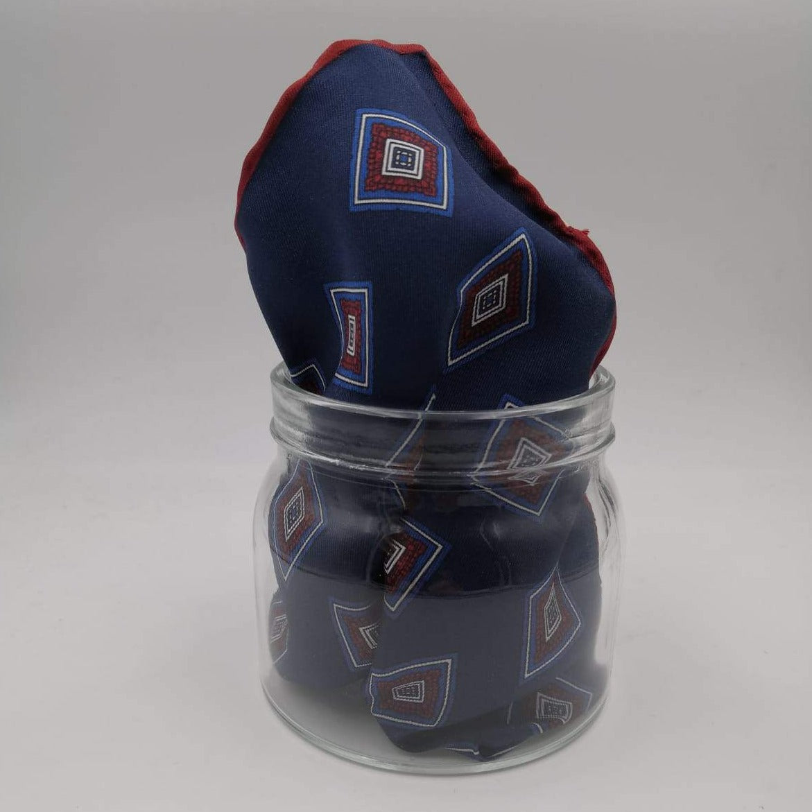 Cruciani & Bella 100% Silk Hand-rolled   Blue and Red Patterned  Motif  Pocket Square Handmade in Italy 32 cm X 32cm #4467