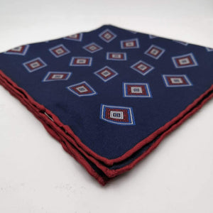 Cruciani & Bella 100% Silk Hand-rolled   Blue and Red Patterned  Motif  Pocket Square Handmade in Italy 32 cm X 32cm #4467