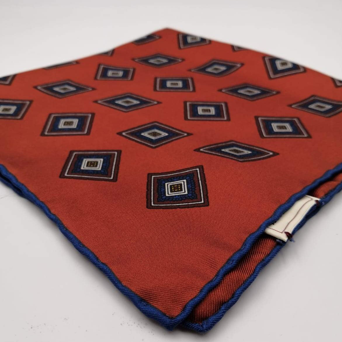 Cruciani & Bella 100% Silk Hand-rolled   Red and Blue Patterned  Motif  Pocket Square Handmade in Italy 40 cm X 40cm #4466