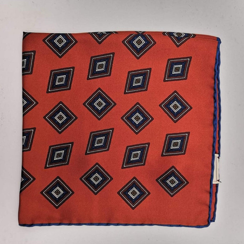 Cruciani & Bella 100% Silk Hand-rolled   Red and Blue Patterned  Motif  Pocket Square Handmade in Italy 40 cm X 40cm #4466