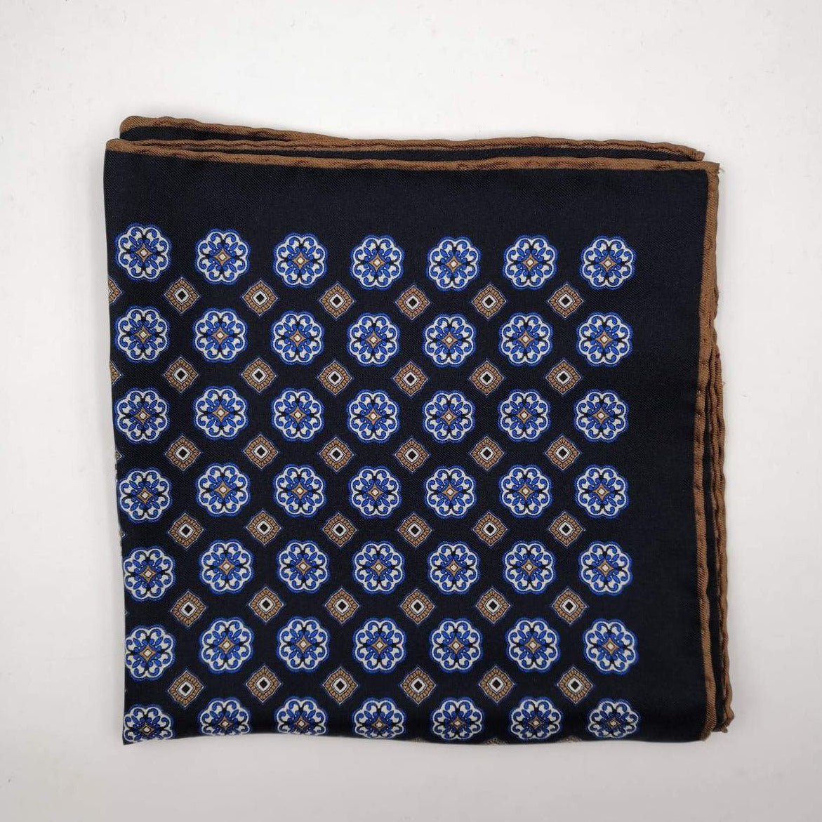 Cruciani & Bella 100% Silk Hand-rolled   Dark Blue and Brown Patterned  Motif  Pocket Square Handmade in Italy 39 cm X 39cm #4471