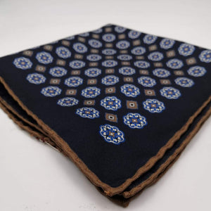 Cruciani & Bella 100% Silk Hand-rolled   Dark Blue and Brown Patterned  Motif  Pocket Square Handmade in Italy 39 cm X 39cm #4471