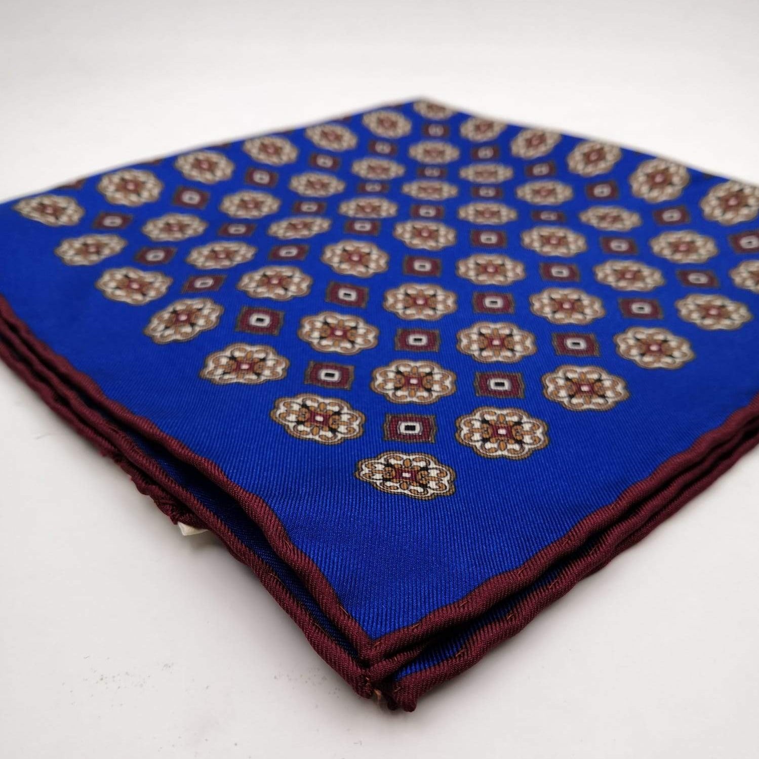 Cruciani & Bella 100% Silk Hand-rolled   Royal Blue and Brown Patterned  Motif  Pocket Square Handmade in Italy 39 cm X 39cm #4469