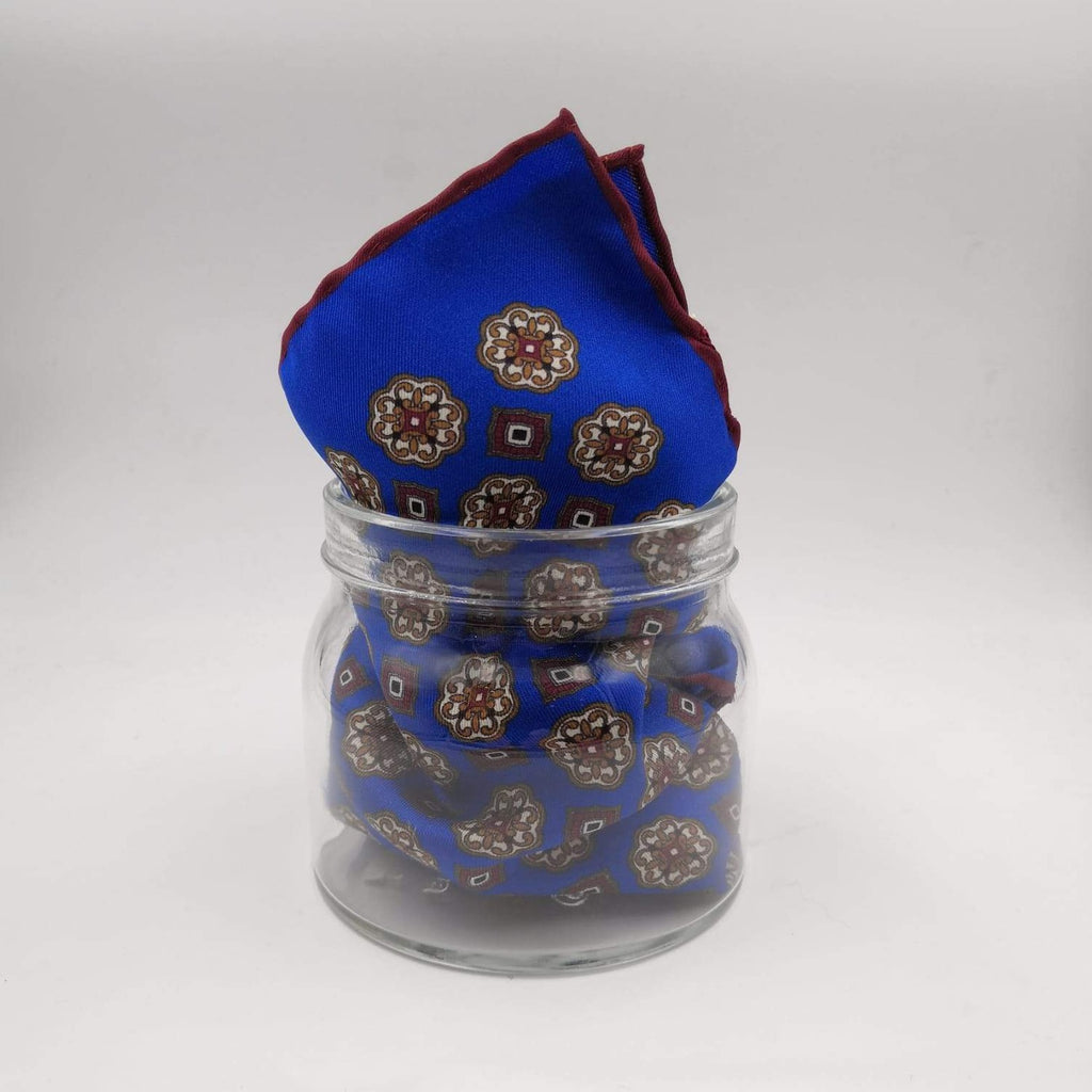 Cruciani & Bella 100% Silk Hand-rolled   Royal Blue and Brown Patterned  Motif  Pocket Square Handmade in Italy 39 cm X 39cm #4469