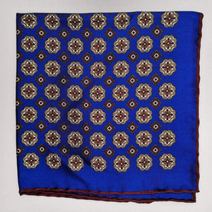 Cruciani & Bella 100% Silk Hand-rolled   Royal Blue and Brown Patterned  Motif  Pocket Square Handmade in Italy 39 cm X 39cm #4469