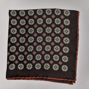 Cruciani & Bella 100% Silk Hand-rolled  Brown and White Patterned  Motif  Pocket Square Handmade in Italy 39 cm X 39cm #4470