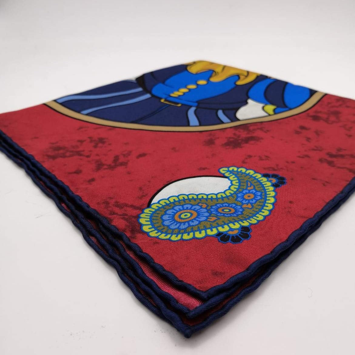 Cruciani & Bella 100% Silk Hand-rolled  Red and Multicolor Joker  Motif  Pocket Square Handmade in Italy 39 cm X 39cm #3829
