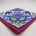 Cruciani & Bella 100% Cotton Hand-rolled  Red ,White and Multicolor Elephant  Motif  Pocket Square Handmade in Italy 29 cm X 29cm #0724 