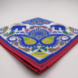 Cruciani & Bella 100% Cotton Hand-rolled  Red ,White and Multicolor Elephant  Motif  Pocket Square Handmade in Italy 29 cm X 29cm #0724 