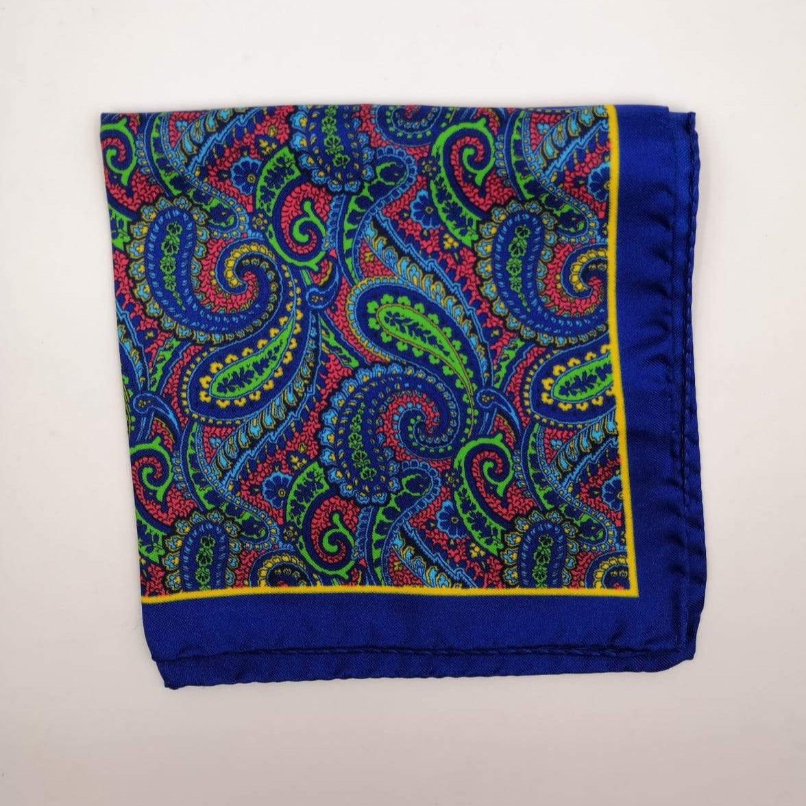 Cruciani & Bella 100% Silk Hand-rolled  Blue  and Multicolor Paisley Motif  Pocket Square Handmade in Italy 34cm X 34cm #0729