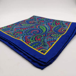 Cruciani & Bella 100% Silk Hand-rolled  Blue  and Multicolor Paisley Motif  Pocket Square Handmade in Italy 34cm X 34cm #0729