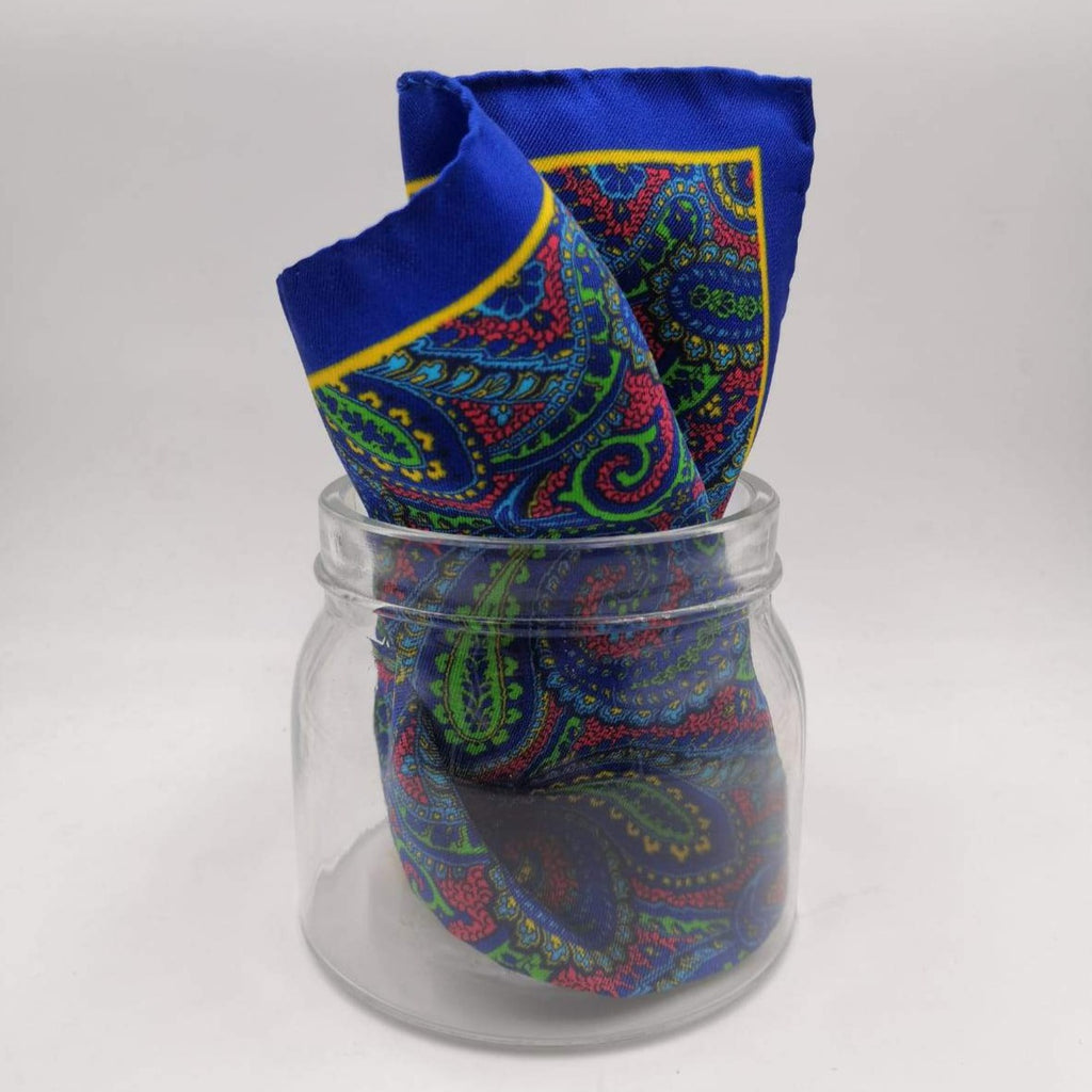 Cruciani & Bella 100% Silk Hand-rolled  Blue  and Multicolor Paisley Motif  Pocket Square Handmade in Italy 34cm X 34cm #0729