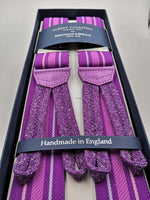 Albert Thurston for Cruciani & Bella Made in England Adjustable Sizing 35 mm elastic  braces Purple, Pink and Lavender stripes Braid ends Y-Shaped Nickel Fittings Size: L