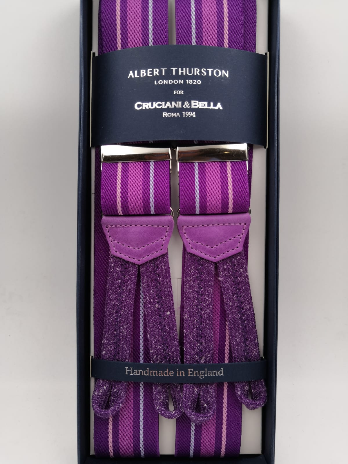 Albert Thurston for Cruciani & Bella Made in England Adjustable Sizing 35 mm elastic  braces Purple, Pink and Lavender stripes Braid ends Y-Shaped Nickel Fittings Size: L