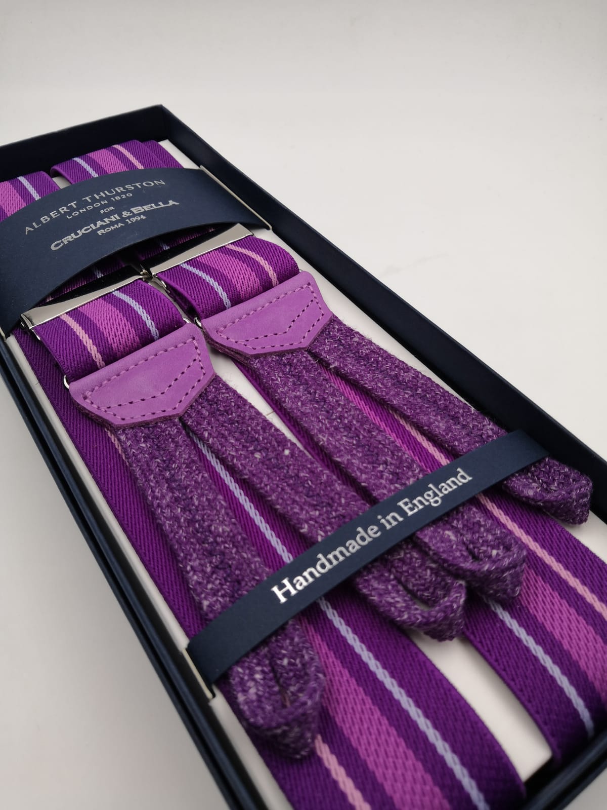 Albert Thurston for Cruciani & Bella Made in England Adjustable Sizing 35 mm elastic  braces Purple, Pink and Lavender stripes Braid ends Y-Shaped Nickel Fittings Size: L
