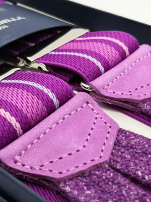 Albert Thurston for Cruciani & Bella Made in England Adjustable Sizing 35 mm elastic  braces Purple, Pink and Lavender stripes Braid ends Y-Shaped Nickel Fittings Size: L