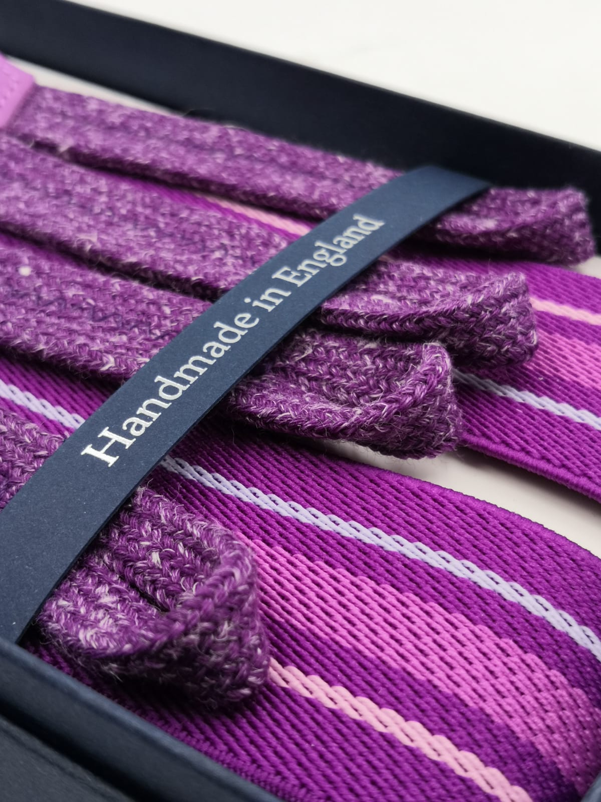 Albert Thurston for Cruciani & Bella Made in England Adjustable Sizing 35 mm elastic  braces Purple, Pink and Lavender stripes Braid ends Y-Shaped Nickel Fittings Size: L