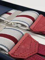 Albert Thurston for Cruciani & Bella Made in England Adjustable Sizing 35 mm elastic  braces Grey, Red, Blue and White stripes Braid ends Y-Shaped Nickel Fittings Size: L