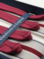 Albert Thurston for Cruciani & Bella Made in England Adjustable Sizing 35 mm elastic  braces Grey, Red, Blue and White stripes Braid ends Y-Shaped Nickel Fittings Size: L