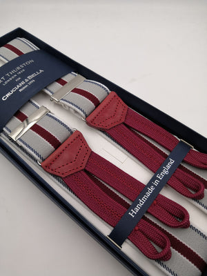 Albert Thurston for Cruciani & Bella Made in England Adjustable Sizing 35 mm elastic  braces Grey, Red, Blue and White stripes Braid ends Y-Shaped Nickel Fittings Size: L