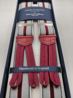 Albert Thurston for Cruciani & Bella Made in England Adjustable Sizing 35 mm elastic  braces Grey, Red, Blue and White stripes Braid ends Y-Shaped Nickel Fittings Size: L