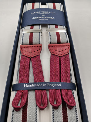 Albert Thurston for Cruciani & Bella Made in England Adjustable Sizing 35 mm elastic  braces Grey, Red, Blue and White stripes Braid ends Y-Shaped Nickel Fittings Size: L