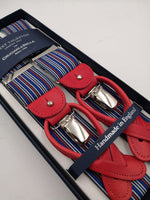 Albert Thurston for Cruciani & Bella Made in England 2 in 1 Adjustable Sizing 35 mm elastic braces Blue, Red and White multicolor stripes Y-Shaped Nickel Fittings #5637