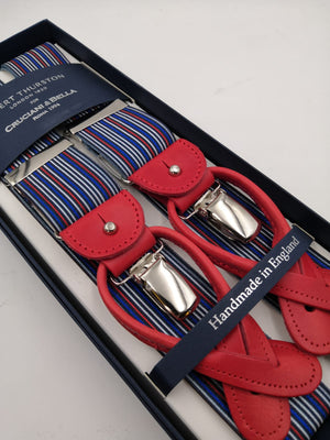 Albert Thurston for Cruciani & Bella Made in England 2 in 1 Adjustable Sizing 35 mm elastic braces Blue, Red and White multicolor stripes Y-Shaped Nickel Fittings #5637