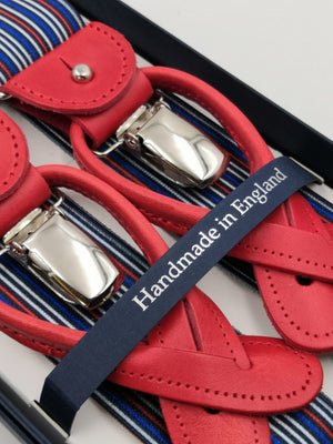 Albert Thurston for Cruciani & Bella Made in England 2 in 1 Adjustable Sizing 35 mm elastic braces Blue, Red and White multicolor stripes Y-Shaped Nickel Fittings #5637