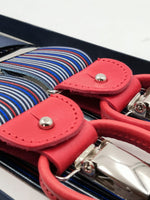 Albert Thurston for Cruciani & Bella Made in England 2 in 1 Adjustable Sizing 35 mm elastic braces Blue, Red and White multicolor stripes Y-Shaped Nickel Fittings #5637