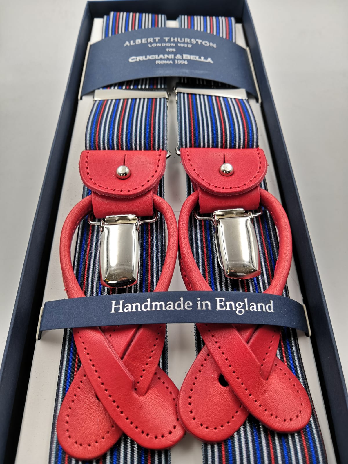 Albert Thurston for Cruciani & Bella Made in England 2 in 1 Adjustable Sizing 35 mm elastic braces Blue, Red and White multicolor stripes Y-Shaped Nickel Fittings #5637