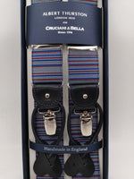 Albert Thurston for Cruciani & Bella Made in England 2 in 1 Adjustable Sizing 35 mm elastic braces Blue, Rust and White multicolor stripes Y-Shaped Nickel Fittings #5640