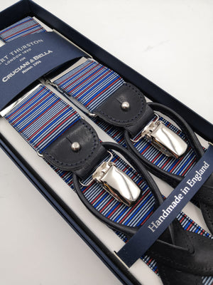 Albert Thurston for Cruciani & Bella Made in England 2 in 1 Adjustable Sizing 35 mm elastic braces Blue, Rust and White multicolor stripes Y-Shaped Nickel Fittings #5640