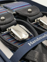 Albert Thurston for Cruciani & Bella Made in England 2 in 1 Adjustable Sizing 35 mm elastic braces Blue, Rust and White multicolor stripes Y-Shaped Nickel Fittings #5640