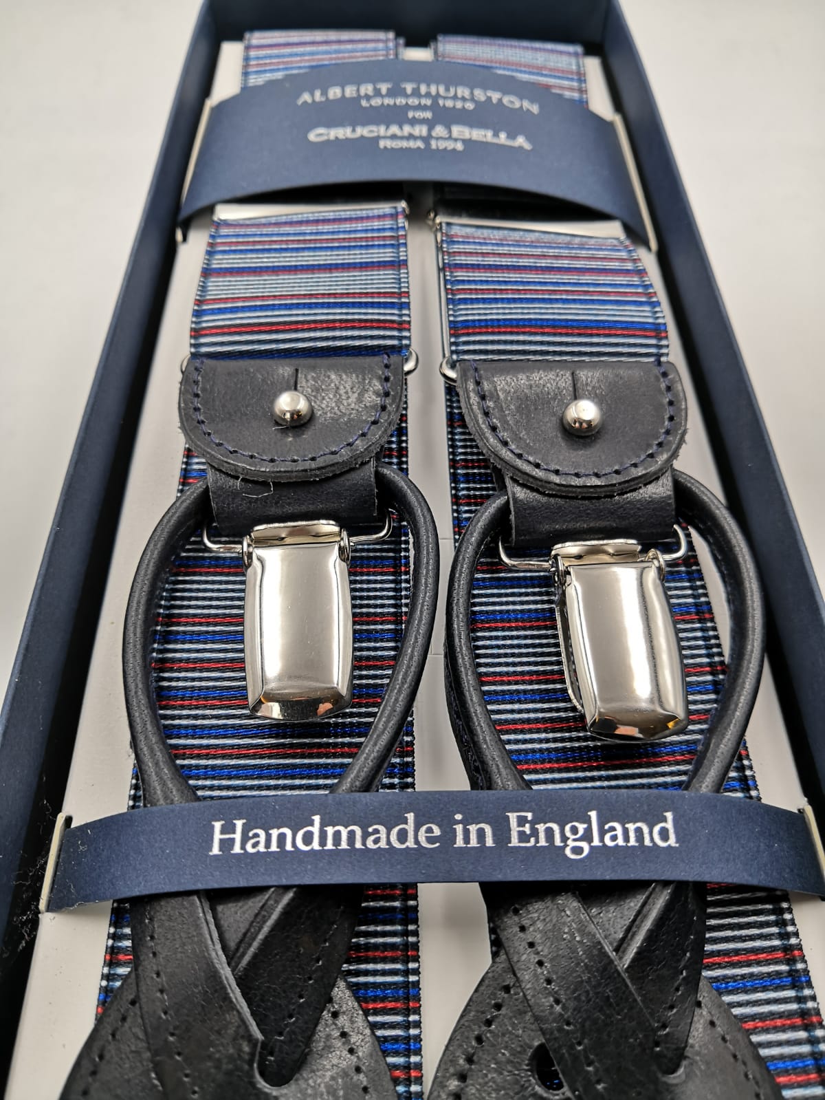 Albert Thurston for Cruciani & Bella Made in England 2 in 1 Adjustable Sizing 35 mm elastic braces Blue, Rust and White multicolor stripes Y-Shaped Nickel Fittings #5640