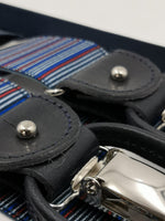 Albert Thurston for Cruciani & Bella Made in England 2 in 1 Adjustable Sizing 35 mm elastic braces Blue, Rust and White multicolor stripes Y-Shaped Nickel Fittings #5640