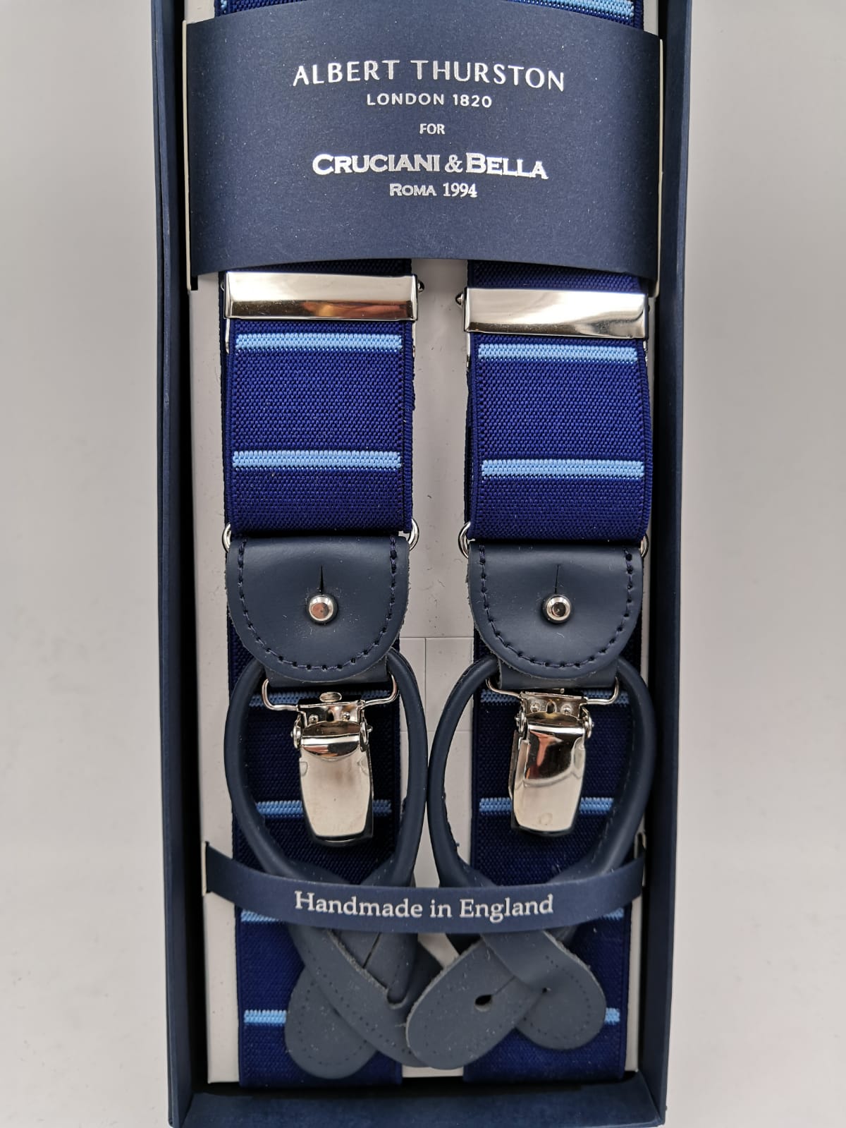 Albert Thurston for Cruciani & Bella Made in England 2 in 1 Adjustable Sizing 35 mm elastic braces Blue and Blue Sky stripes  Y-Shaped Nickel Fittings #5643