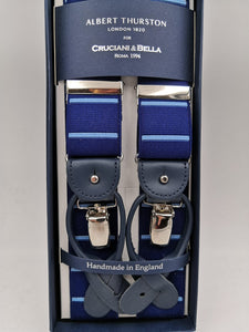 Albert Thurston for Cruciani & Bella Made in England 2 in 1 Adjustable Sizing 35 mm elastic braces Blue and Blue Sky stripes  Y-Shaped Nickel Fittings #5643