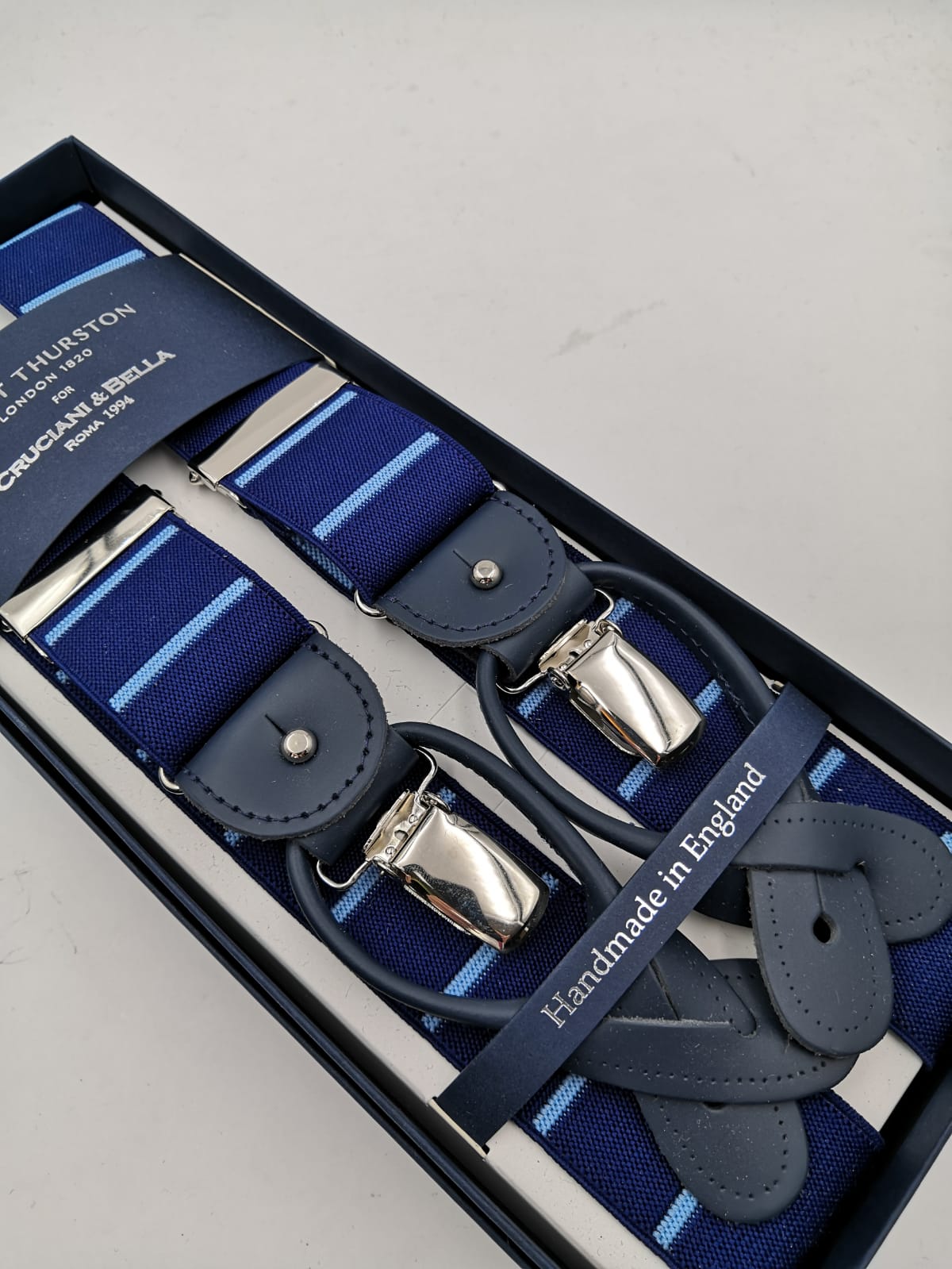 Albert Thurston for Cruciani & Bella Made in England 2 in 1 Adjustable Sizing 35 mm elastic braces Blue and Blue Sky stripes  Y-Shaped Nickel Fittings #5643