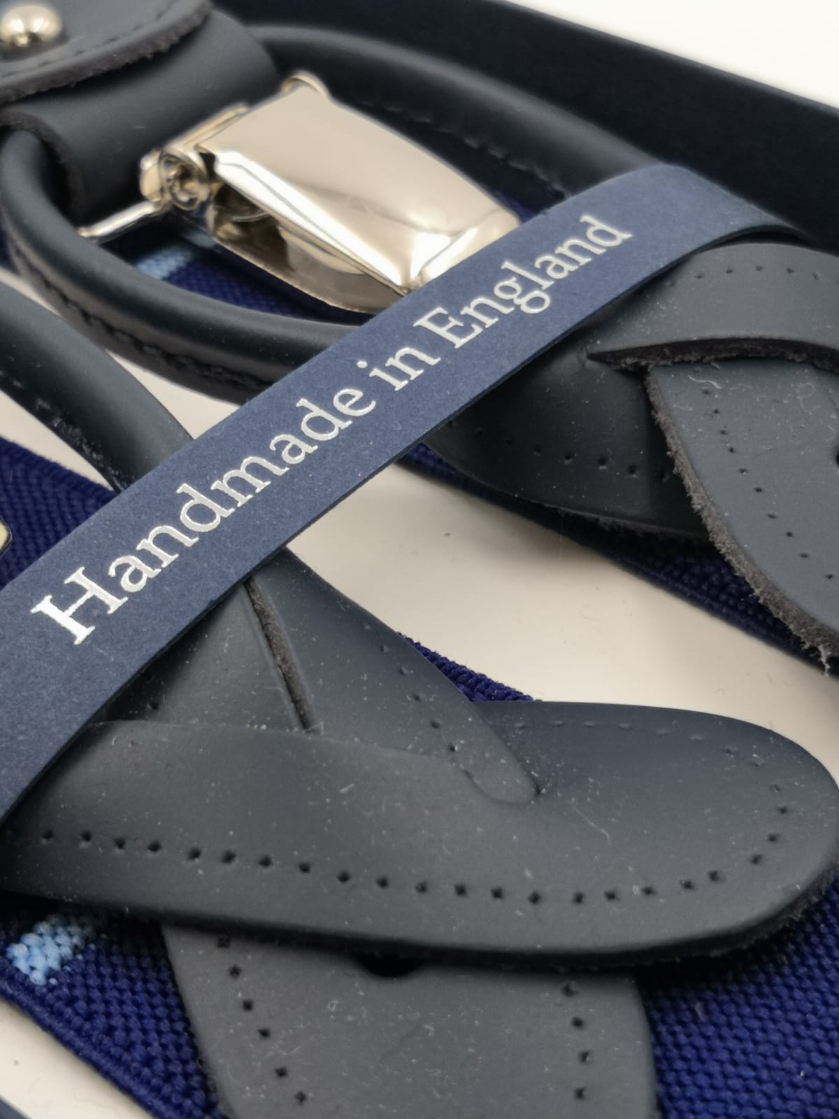 Albert Thurston for Cruciani & Bella Made in England 2 in 1 Adjustable Sizing 35 mm elastic braces Blue and Blue Sky stripes  Y-Shaped Nickel Fittings #5643
