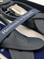 Albert Thurston for Cruciani & Bella Made in England 2 in 1 Adjustable Sizing 35 mm elastic braces Blue and Blue Sky stripes  Y-Shaped Nickel Fittings #5643