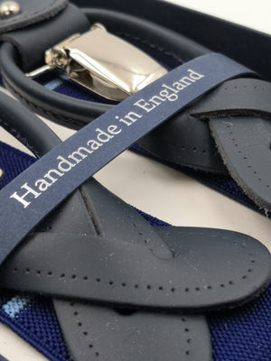 Albert Thurston for Cruciani & Bella Made in England 2 in 1 Adjustable Sizing 35 mm elastic braces Blue and Blue Sky stripes  Y-Shaped Nickel Fittings #5643