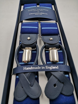 Albert Thurston for Cruciani & Bella Made in England 2 in 1 Adjustable Sizing 35 mm elastic braces Blue and Blue Sky stripes  Y-Shaped Nickel Fittings #5643