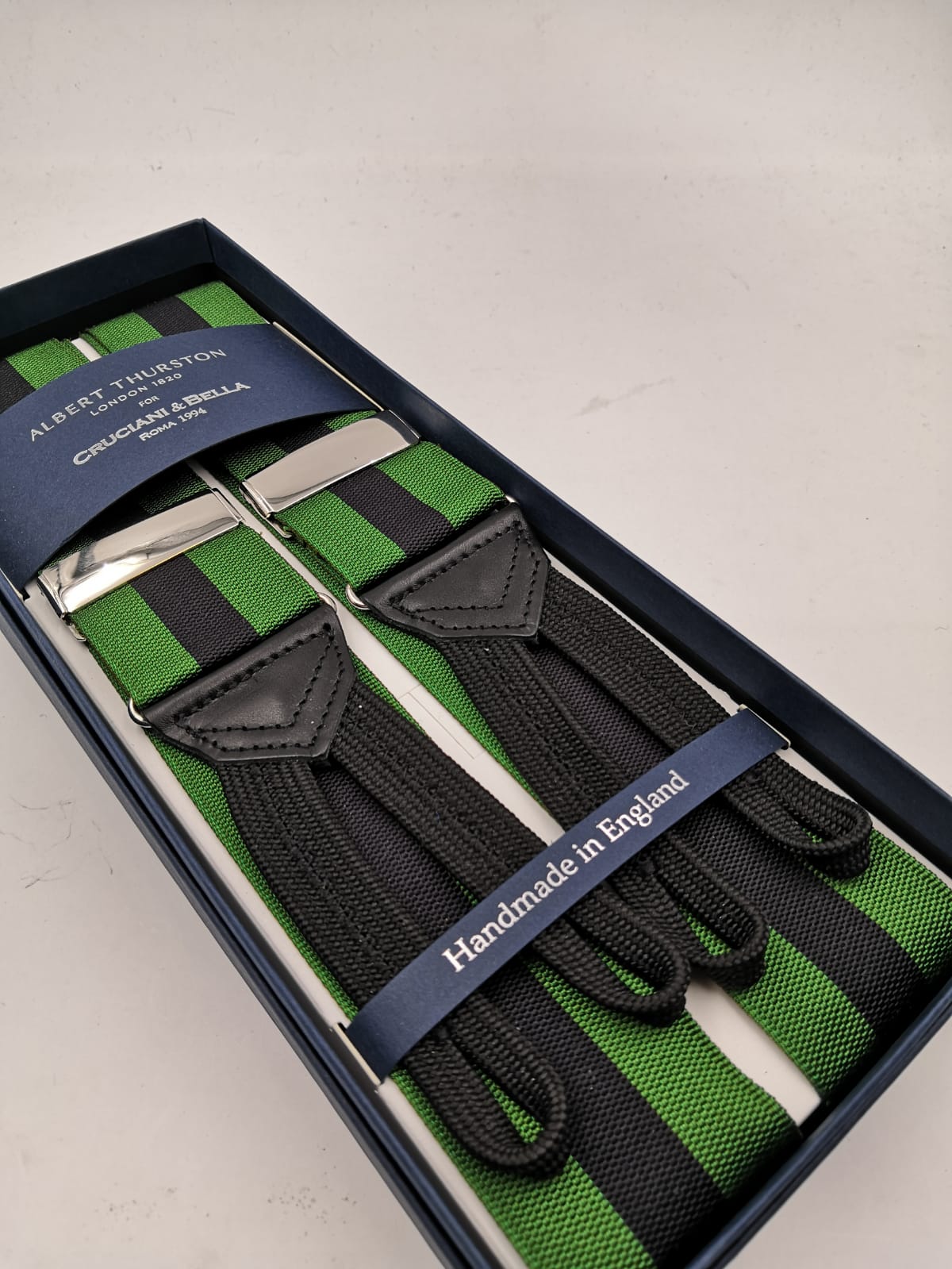 Albert Thurston for Cruciani & Bella Made in England Adjustable Sizing 40 mm Woven Barathea  Green and Black Stripes Braces Braid ends Y-Shaped Nickel Fittings Size: XL #5647