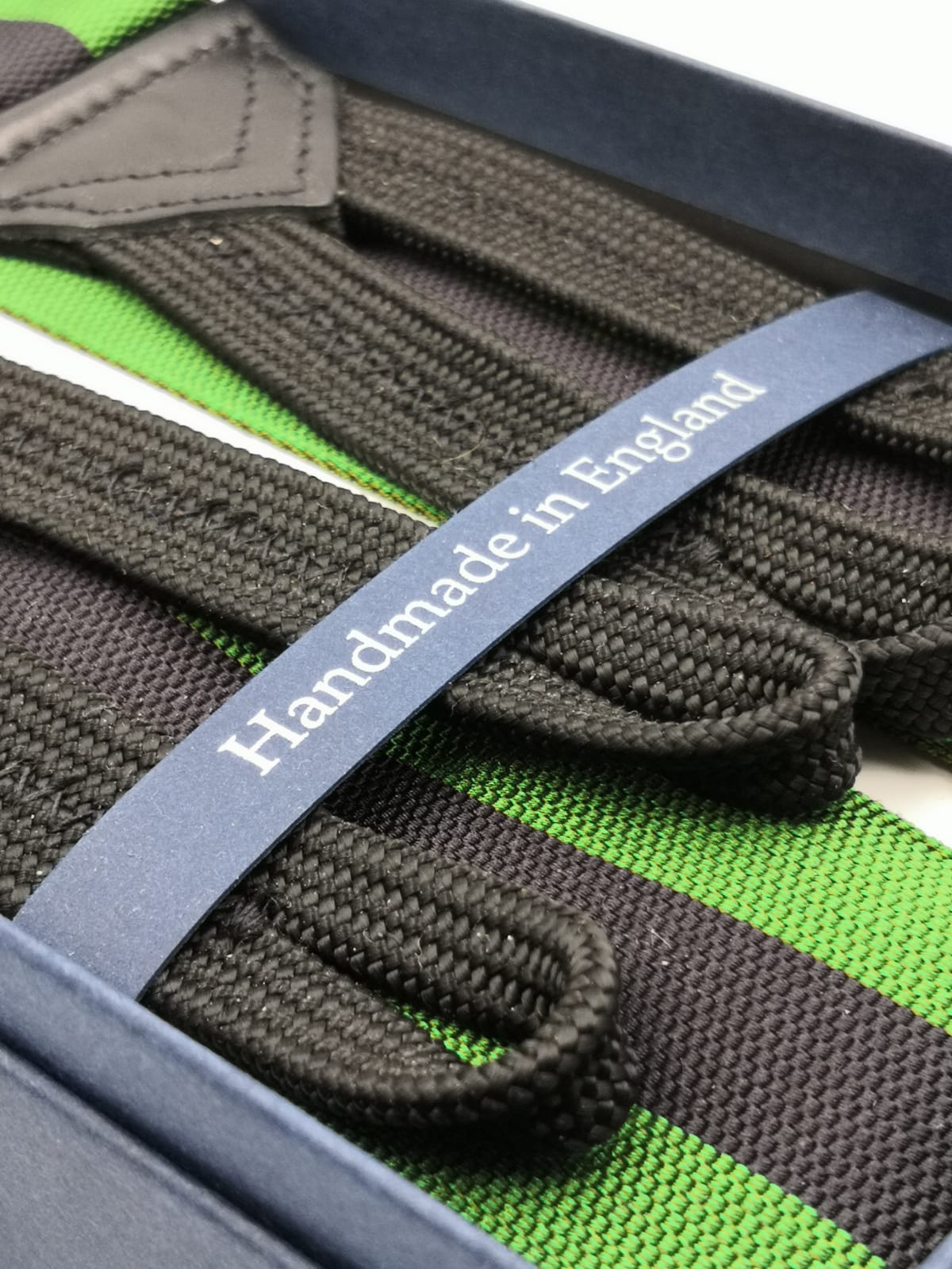 Albert Thurston for Cruciani & Bella Made in England Adjustable Sizing 40 mm Woven Barathea  Green and Black Stripes Braces Braid ends Y-Shaped Nickel Fittings Size: XL #5647