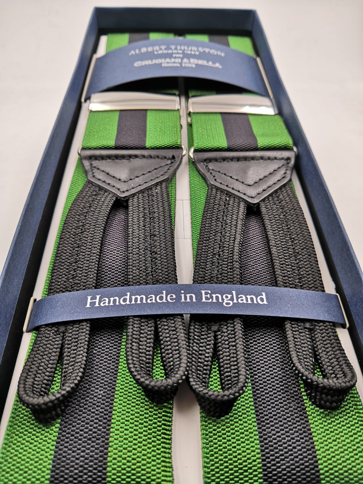 Albert Thurston for Cruciani & Bella Made in England Adjustable Sizing 40 mm Woven Barathea  Green and Black Stripes Braces Braid ends Y-Shaped Nickel Fittings Size: XL #5647