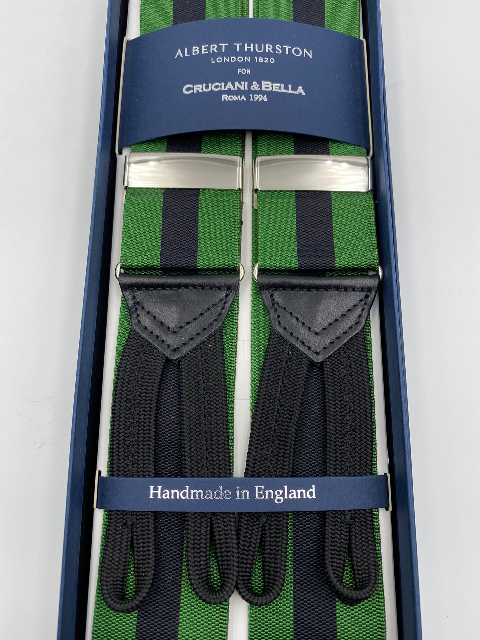 Albert Thurston for Cruciani & Bella Made in England Adjustable Sizing 40 mm Woven Barathea  Green and Black Stripes Braces Braid ends Y-Shaped Nickel Fittings Size: XL #5647