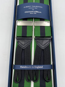 Albert Thurston for Cruciani & Bella Made in England Adjustable Sizing 40 mm Woven Barathea  Green and Black Stripes Braces Braid ends Y-Shaped Nickel Fittings Size: XL #5647