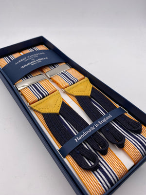 Albert Thurston for Cruciani & Bella Made in England Adjustable Sizing 40 mm Woven Barathea  Orange, Blue and White Stripes Braces Braid ends Y-Shaped Nickel Fittings Size: XL #5653